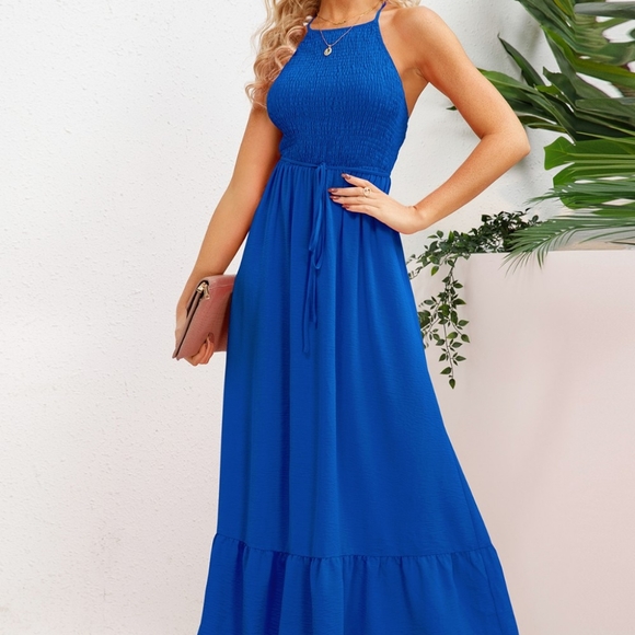 (Out Of Stock) Blue Smocked Crisscross Spaghetti Strap Dress - Picture 5 of 9